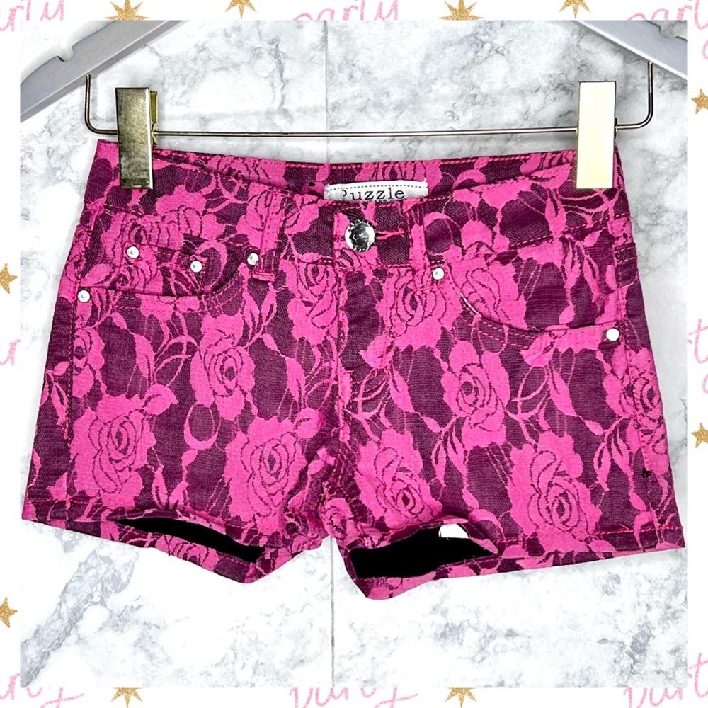 Puzzle Jeans Y2K Pink Lace Overlay Floral Shorts Rhinestone Women’s 0